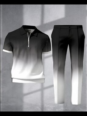 Men's Black & White Gradient Zip Polo - Classic Casual